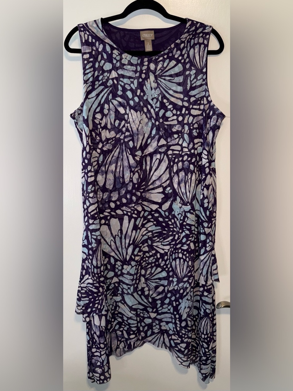 Chico's Purple and Light Blue Abstract Butterfly-Print Sleeveless Mini Dress